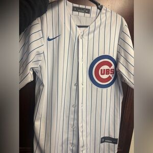 Nike, Chicago Cubs Kyle Schwarber #12, Home White Pinstripe Jersey, Size S